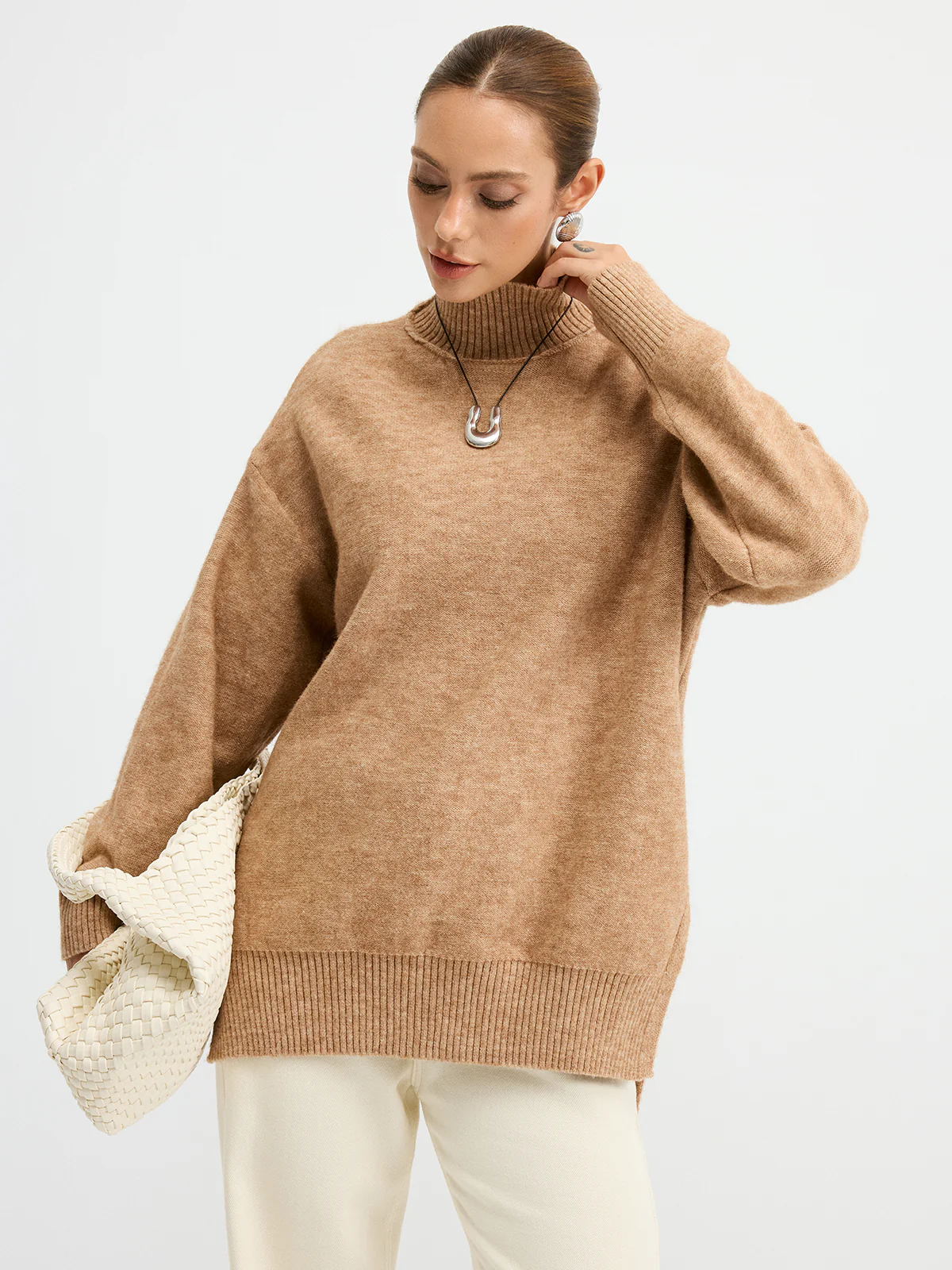 Turtleneck Side-Slit Oversized Casual Sweater - Wholesalesil