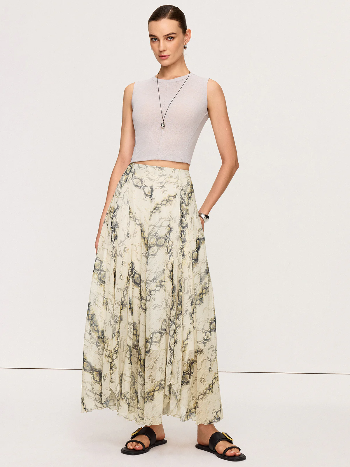 Semi-Sheer Snake Print Flowy Maxi Skirt - Wholesalesil