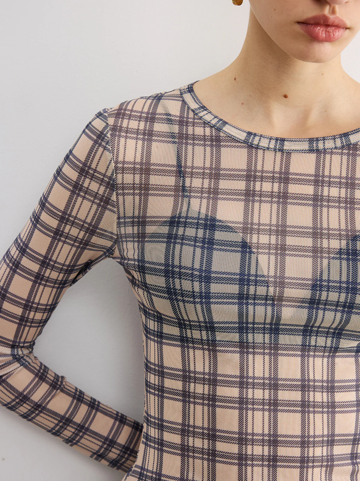 Plaid Sheer Long Sleeve Top - Wholesalesil