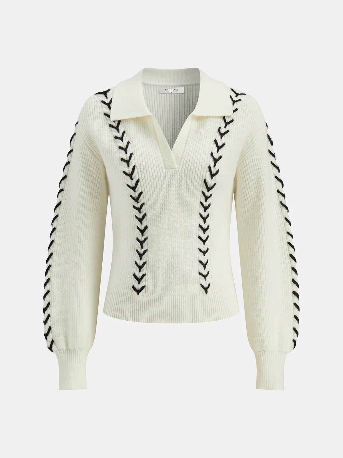 Contrast Stitching Polo Neck Cable Knit Top - Wholesalesil