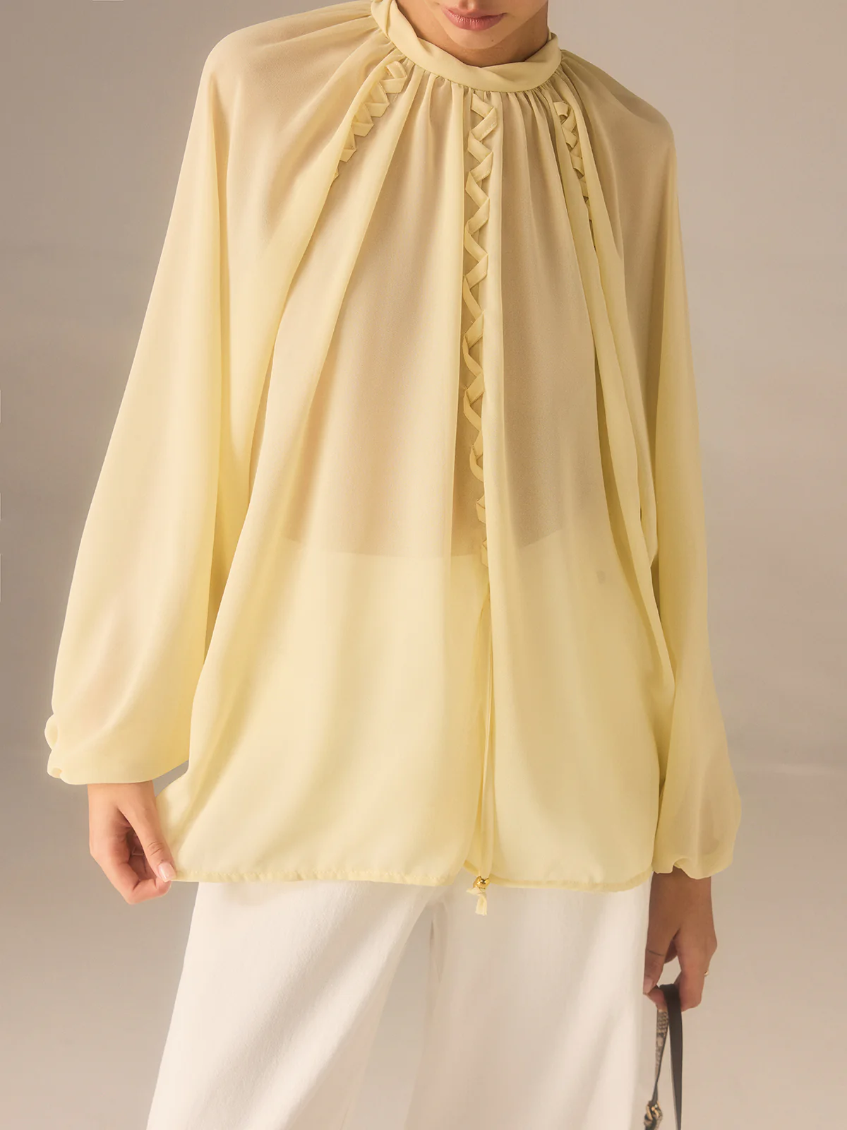 Semi-Sheer Chiffon Stand Collar Blouse with Braided Detail - Wholesalesil