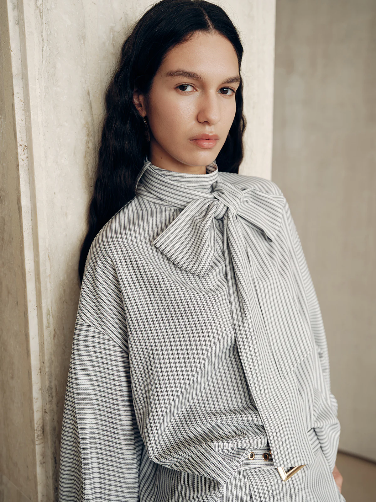 Large Bow Neck Striped Blouse - Wholesalesil