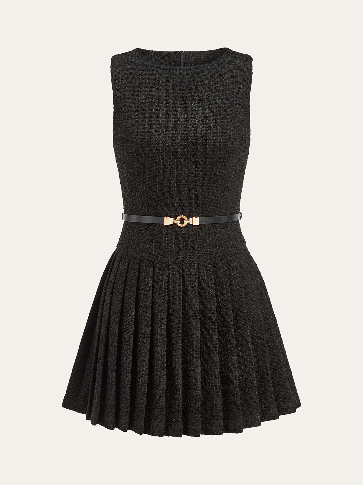 Tweed Sleeveless Pleated Mini Dress with Belt - Wholesalesil