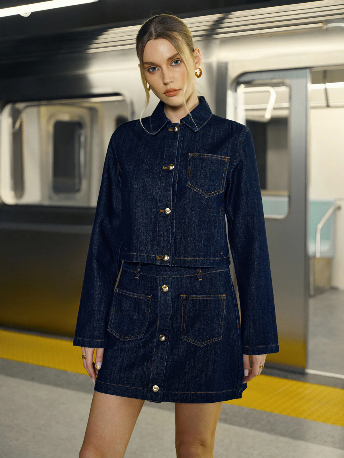 Pocket Button-Front Denim Mini Skirt - Wholesalesil