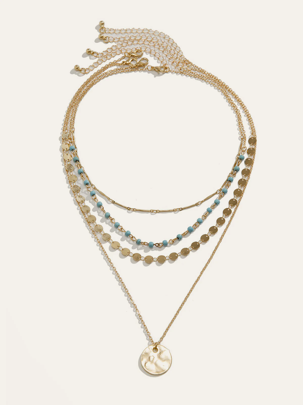 Gold-Tone Layered Necklace with Beads and Disc Pendant - Wholesalesil