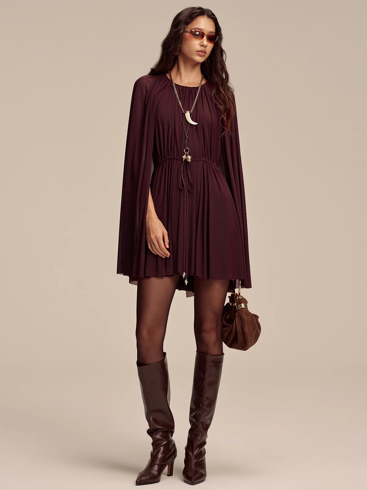 Mesh Cape Sleeve Tie-Waist Mini Dress - Wholesalesil