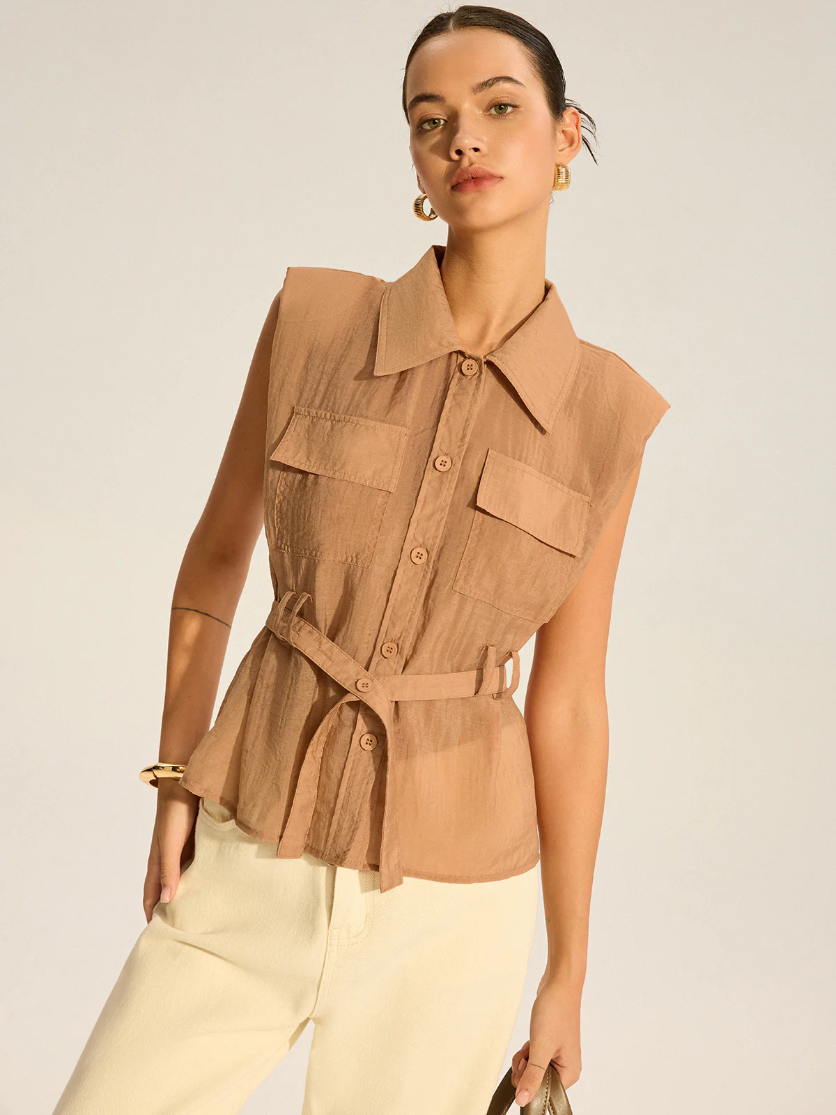 Belted Sleeveless Blouse - Wholesalesil