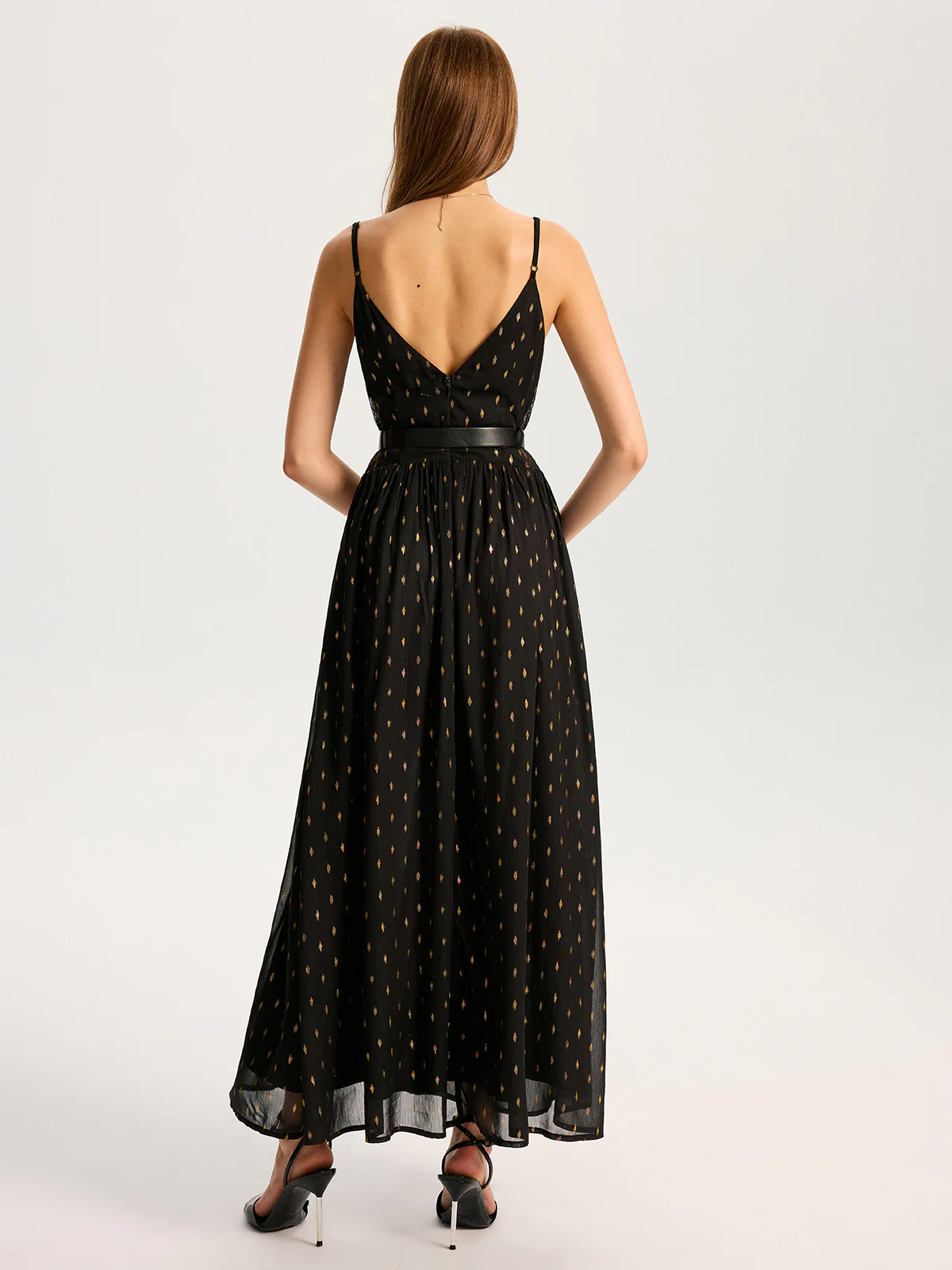 Semi-Sheer Lace Panel Slit Maxi Dress with Belt - Wholesalesil