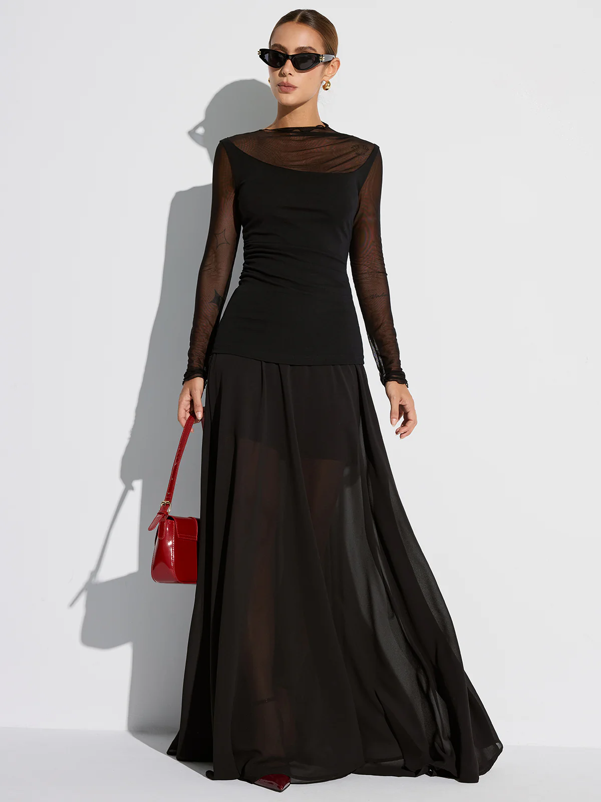 Semi-Sheer Mesh Panel Long Sleeve T-Shirt - Wholesalesil