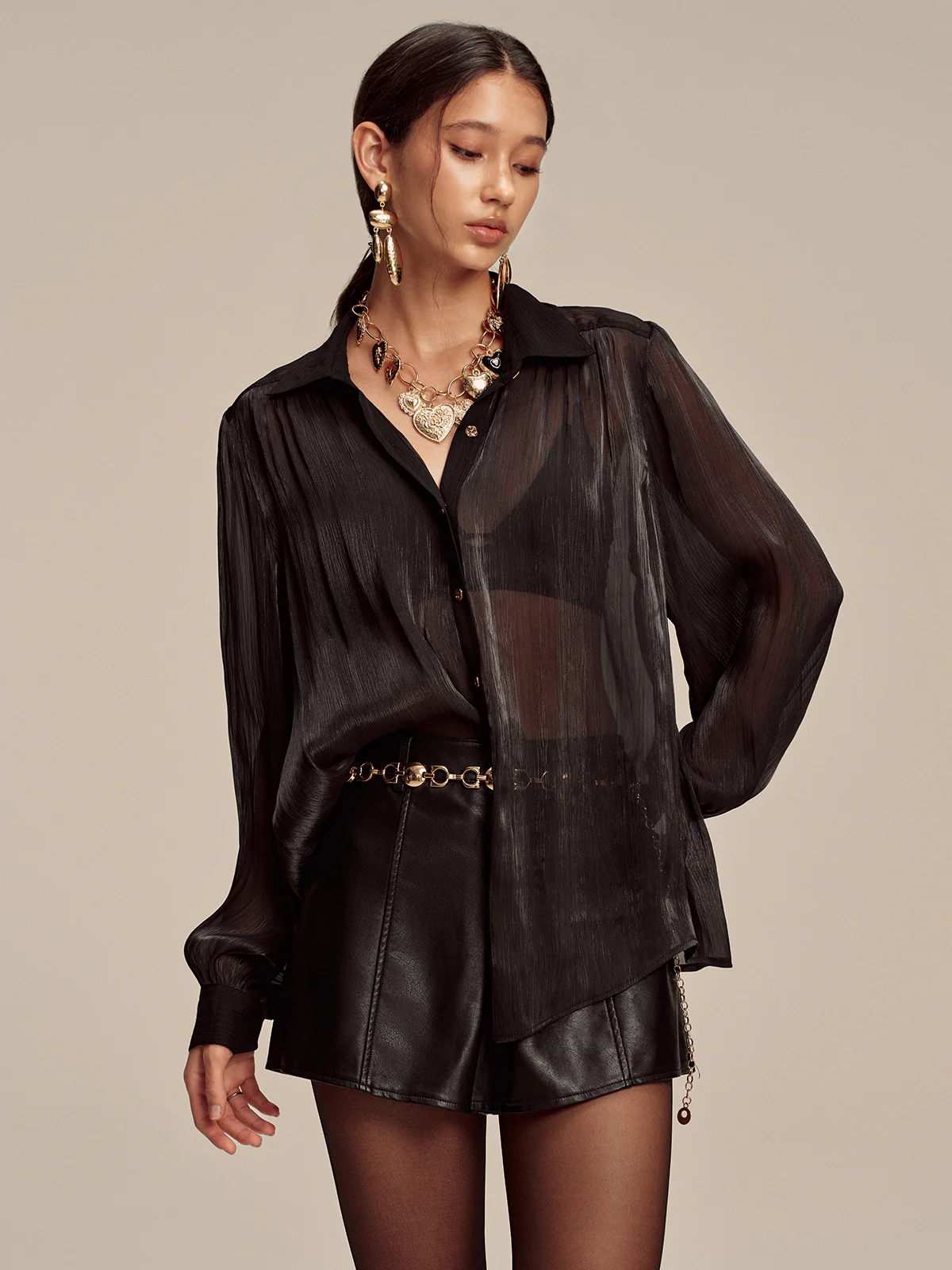 Sheer Chiffon Textured Metal Button Shirt - Wholesalesil