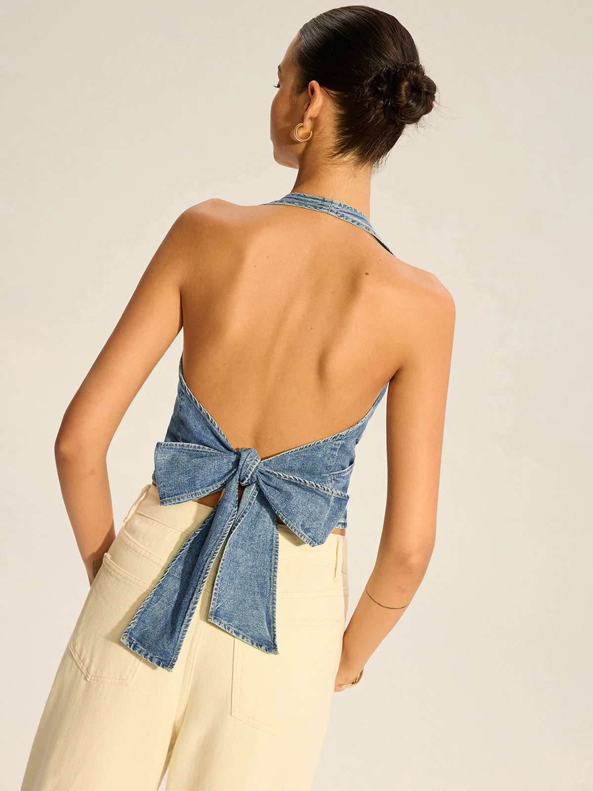 Denim Halter-Neck Wrap Top with Back Bow Detail - Wholesalesil