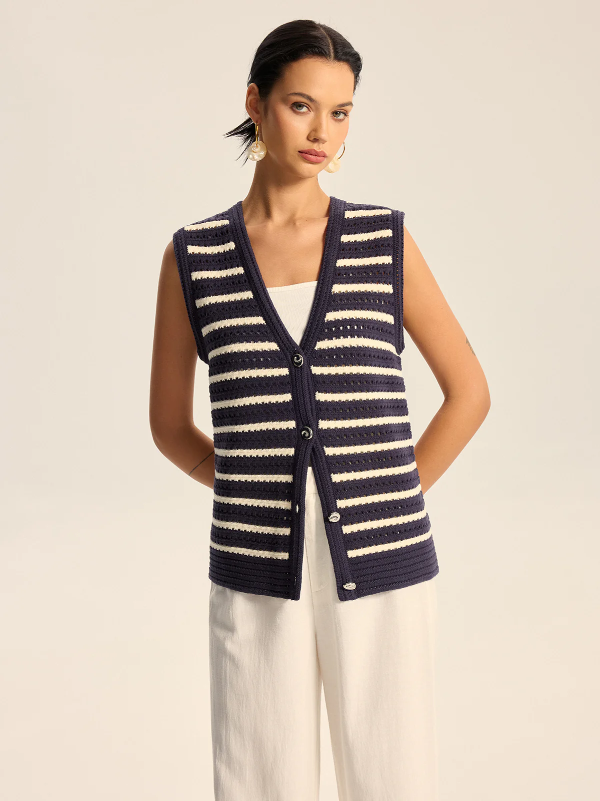 Striped Knitted Button Vest - Wholesalesil