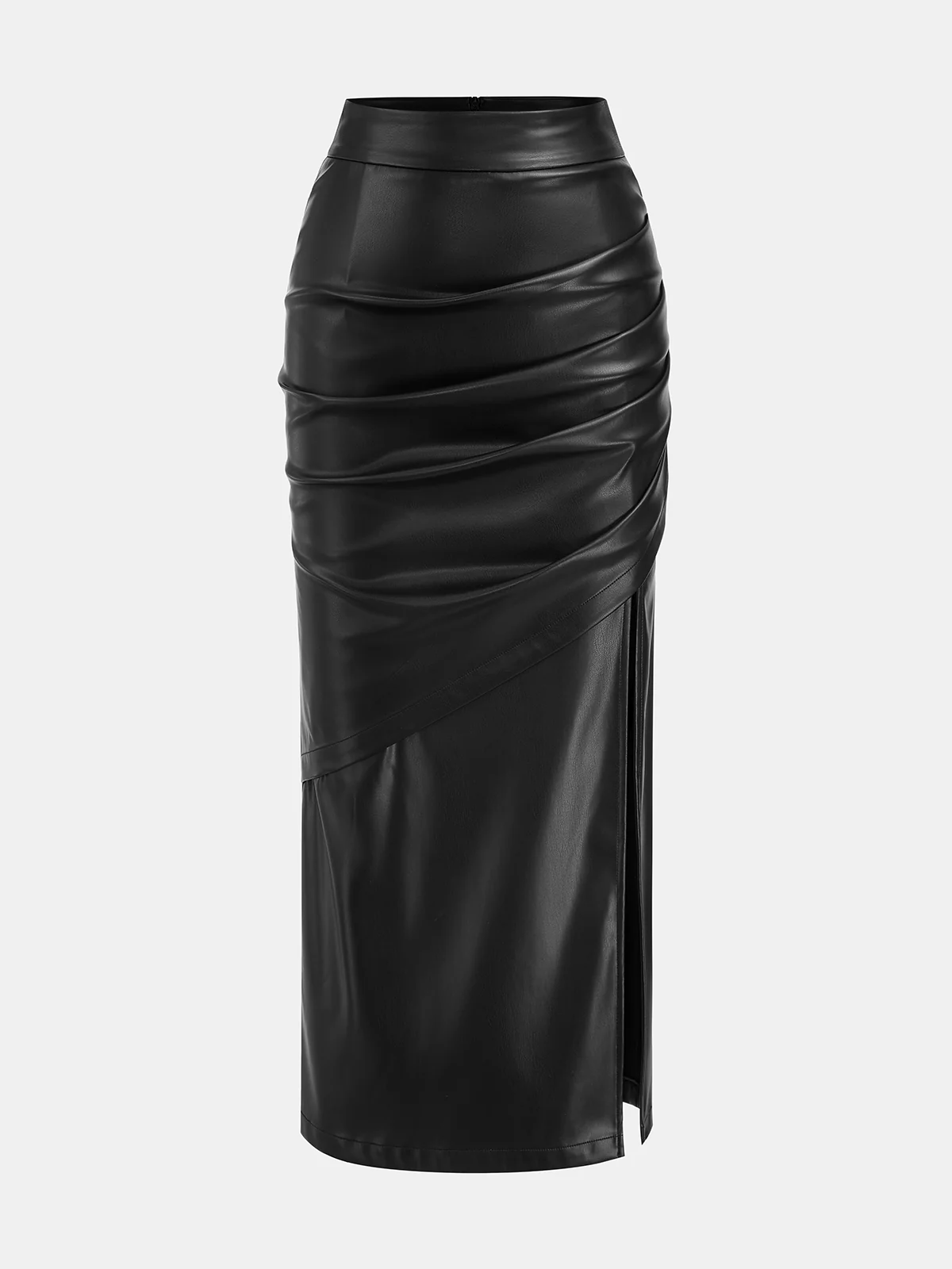 Faux Leather Slit Ruched Maxi Skirt - Wholesalesil