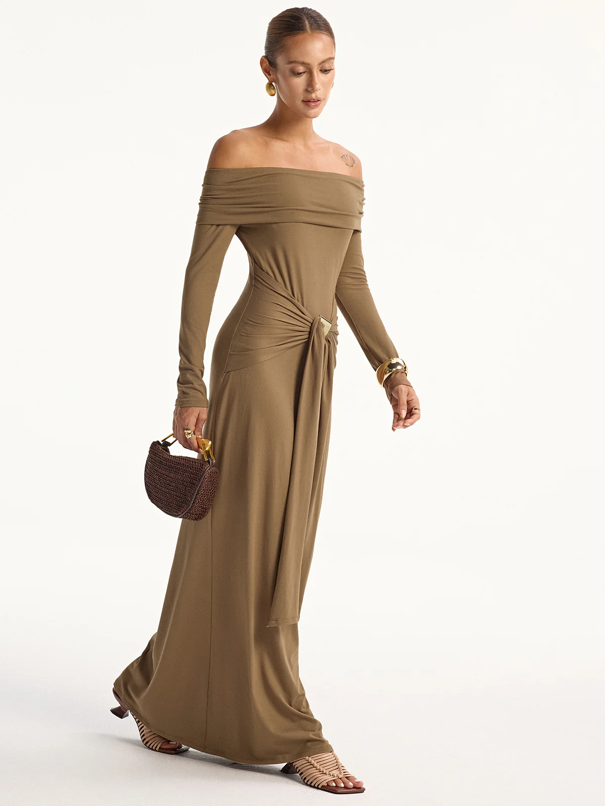 Off-Shoulder Long Sleeve Maxi Dress - Wholesalesil