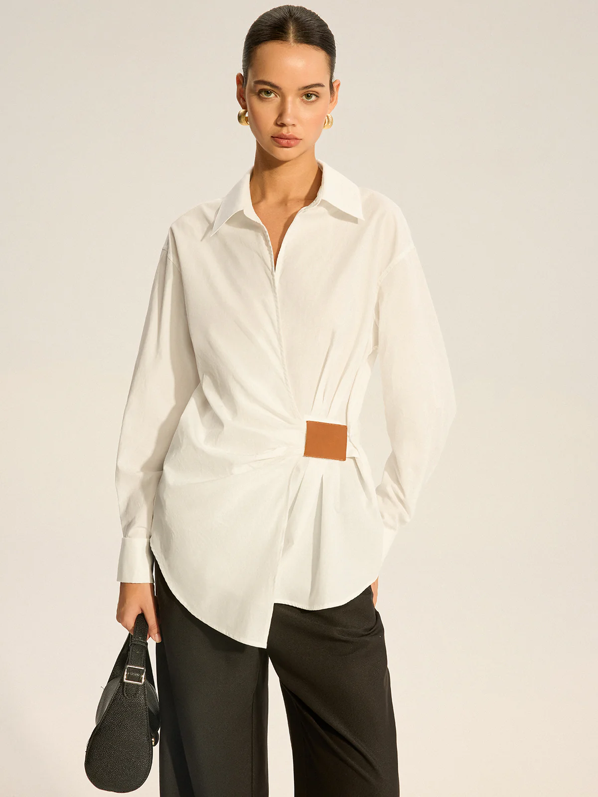 Cotton Ruched Shirt with Faux Leather Detail - Wholesalesil