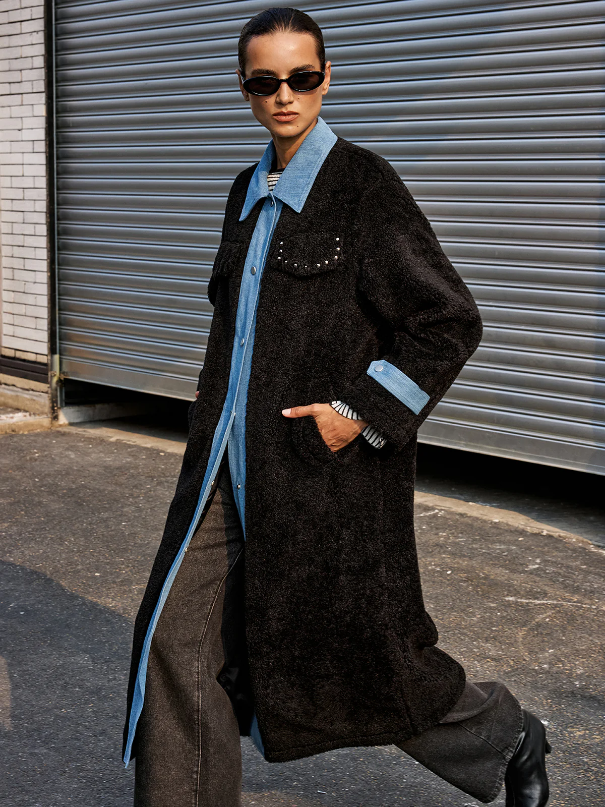 Denim Panel Long Faux Fur Coat - Wholesalesil