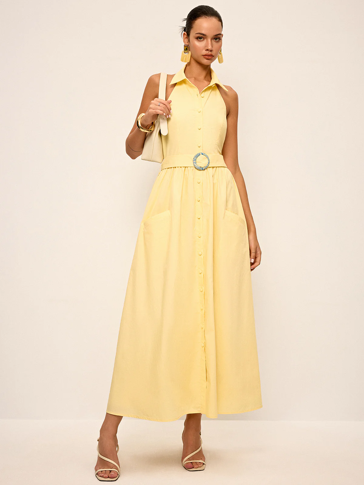 Halter Neck Backless Shirt Dress with Belt - Wholesalesil