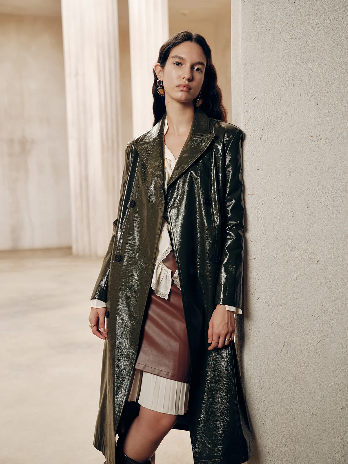 Gradient Double-Breasted Belted PU Leather Coat - Wholesalesil