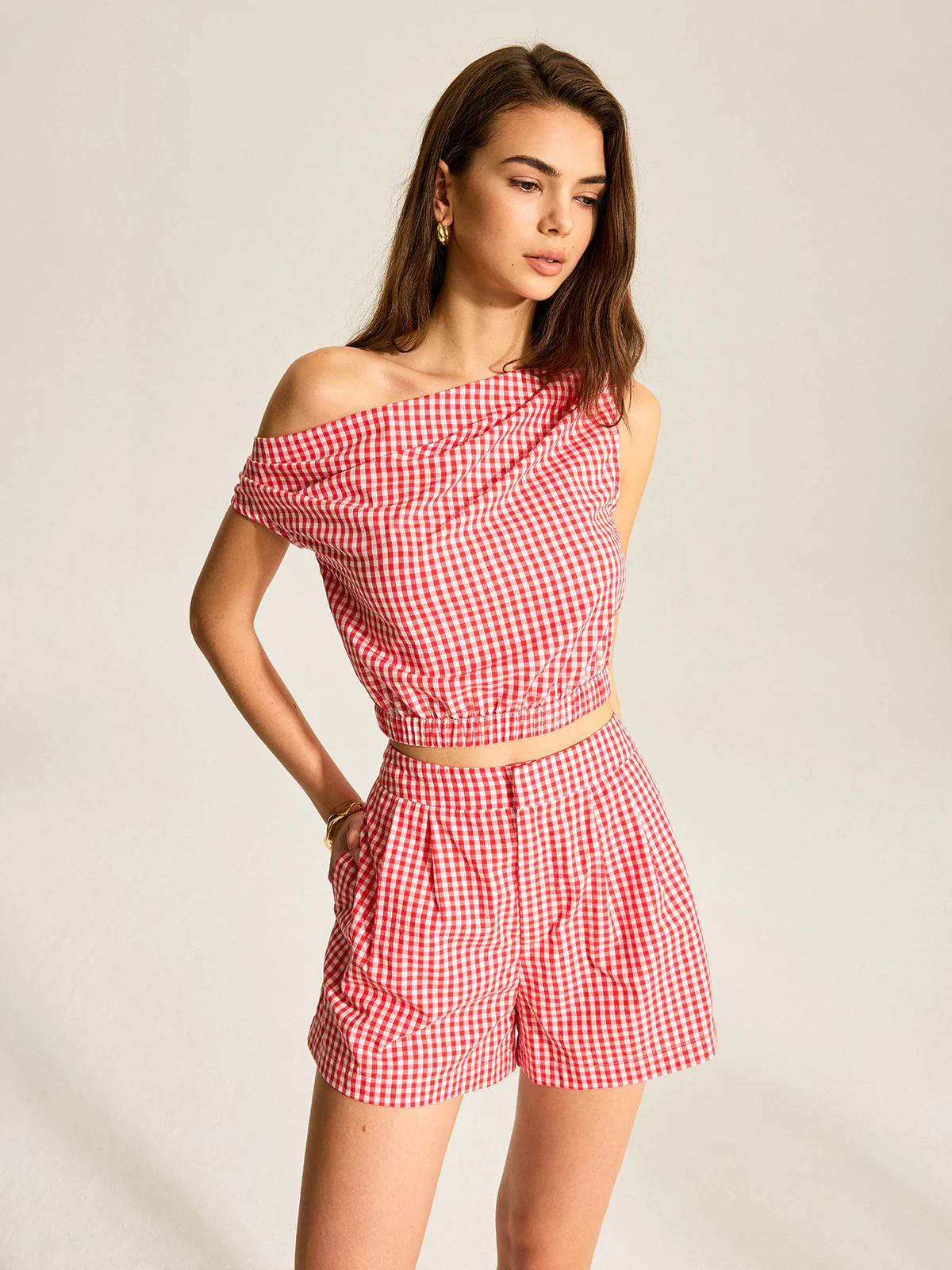 Gingham One-Shoulder Top and Shorts Set - Wholesalesil