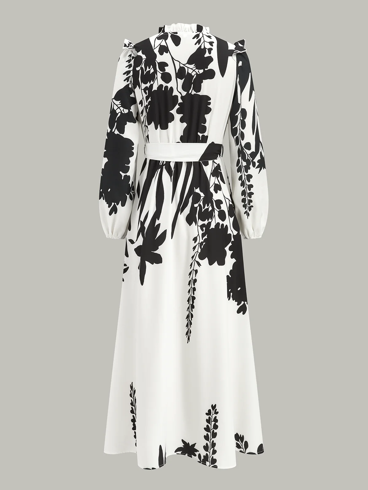 Ruffle Neck Belted Floral Print Maxi Dress - Wholesalesil