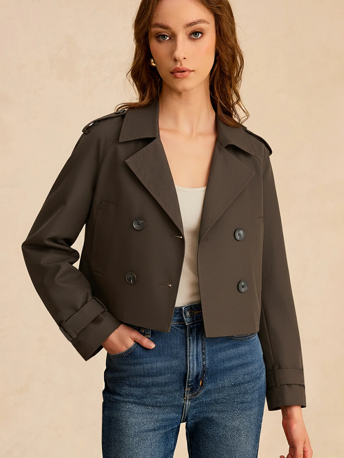 Double-Button Cropped Trench Coat - Wholesalesil