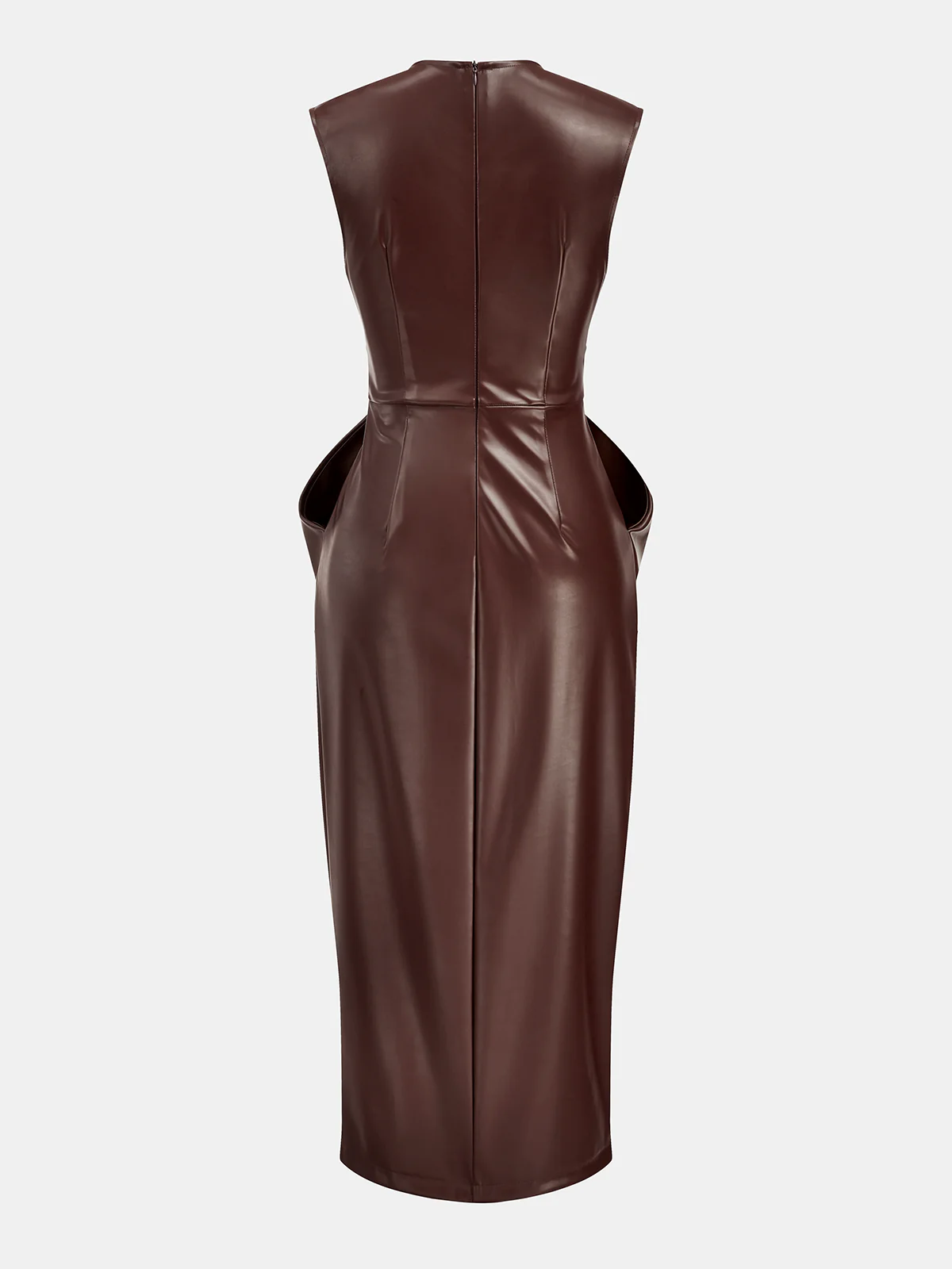 Sleeveless Slit PU Leather Draped Midi Dress - Wholesalesil