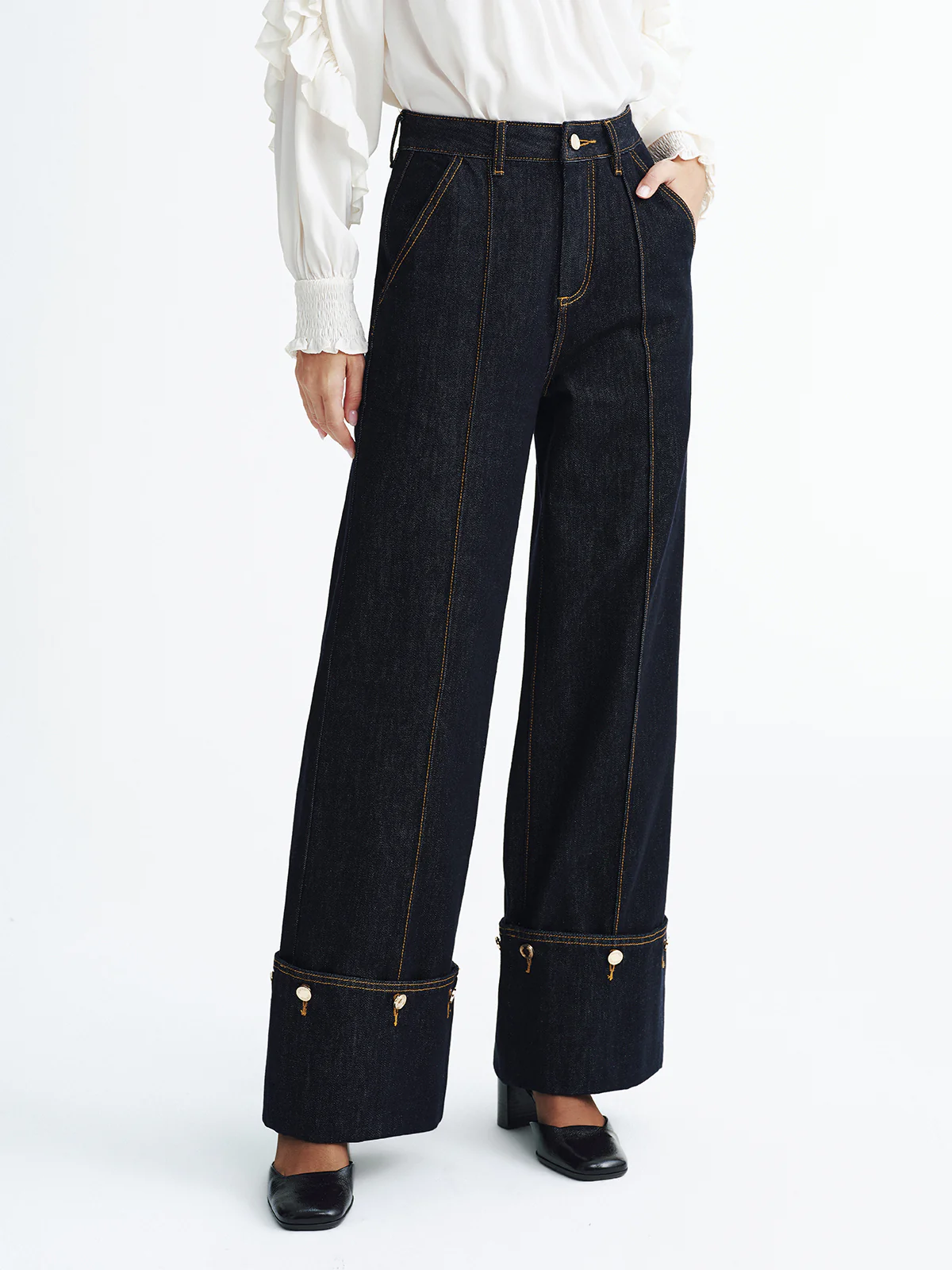 Mid-Waist Denim Cuffed Jeans - Wholesalesil