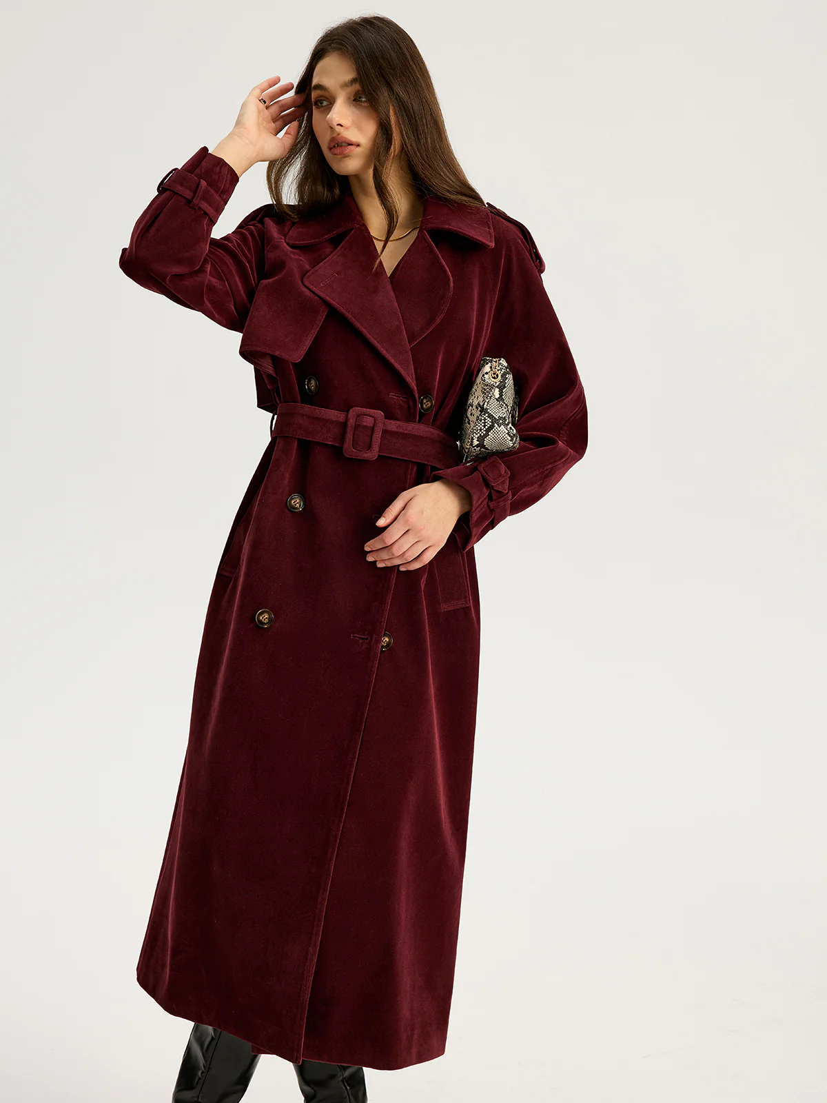 Belted Double-Breasted Suede Effect Long Trench Coat - Wholesalesil