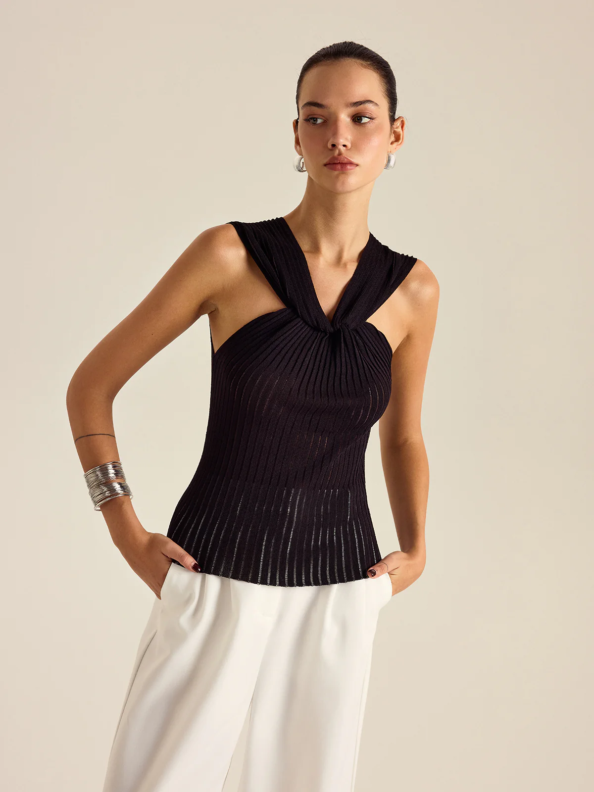 Pleated Knit Twist-Front Top - Wholesalesil