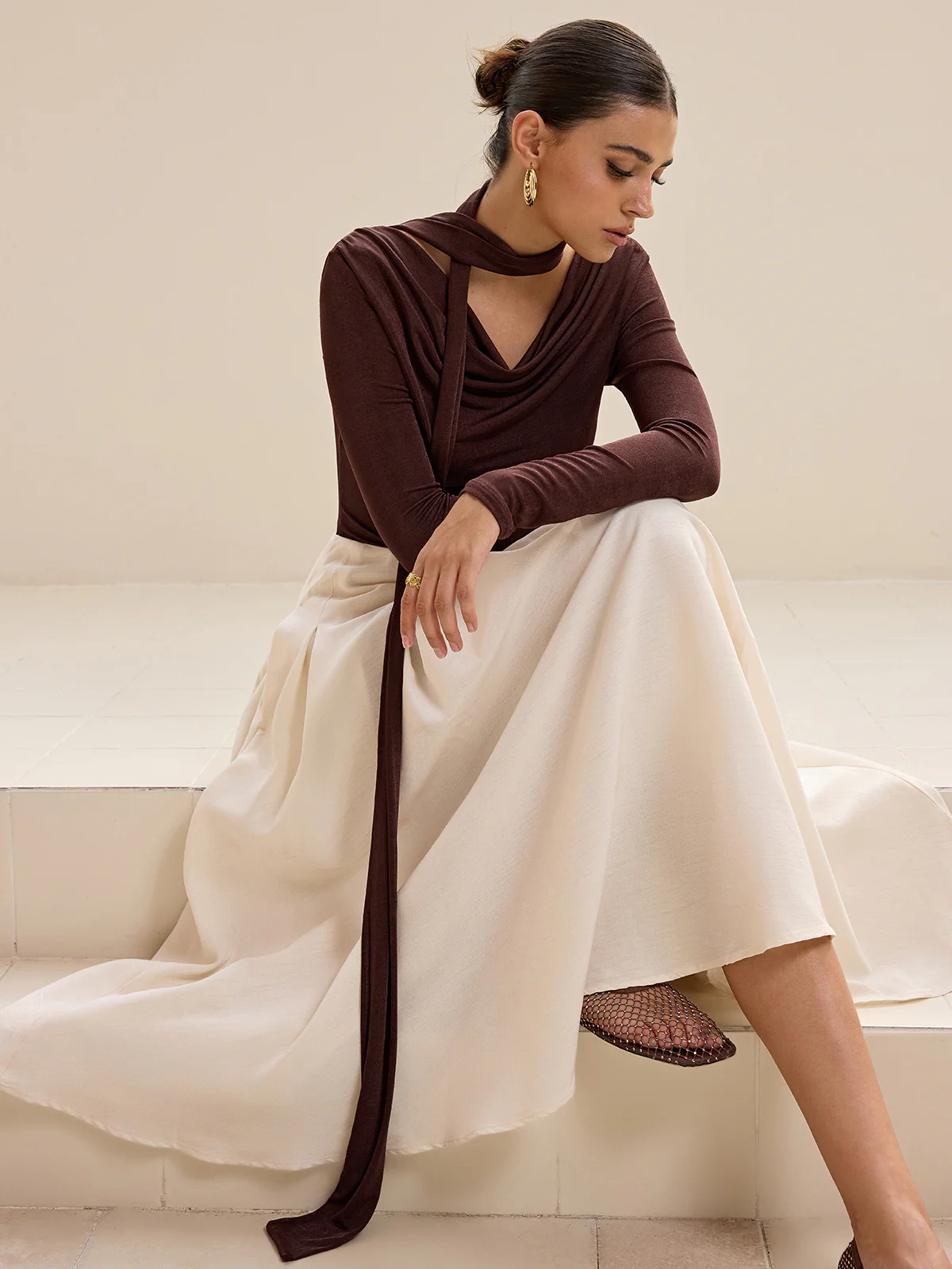 Asymmetric Neck Tie Detail Long-Sleeve T-Shirt - Wholesalesil