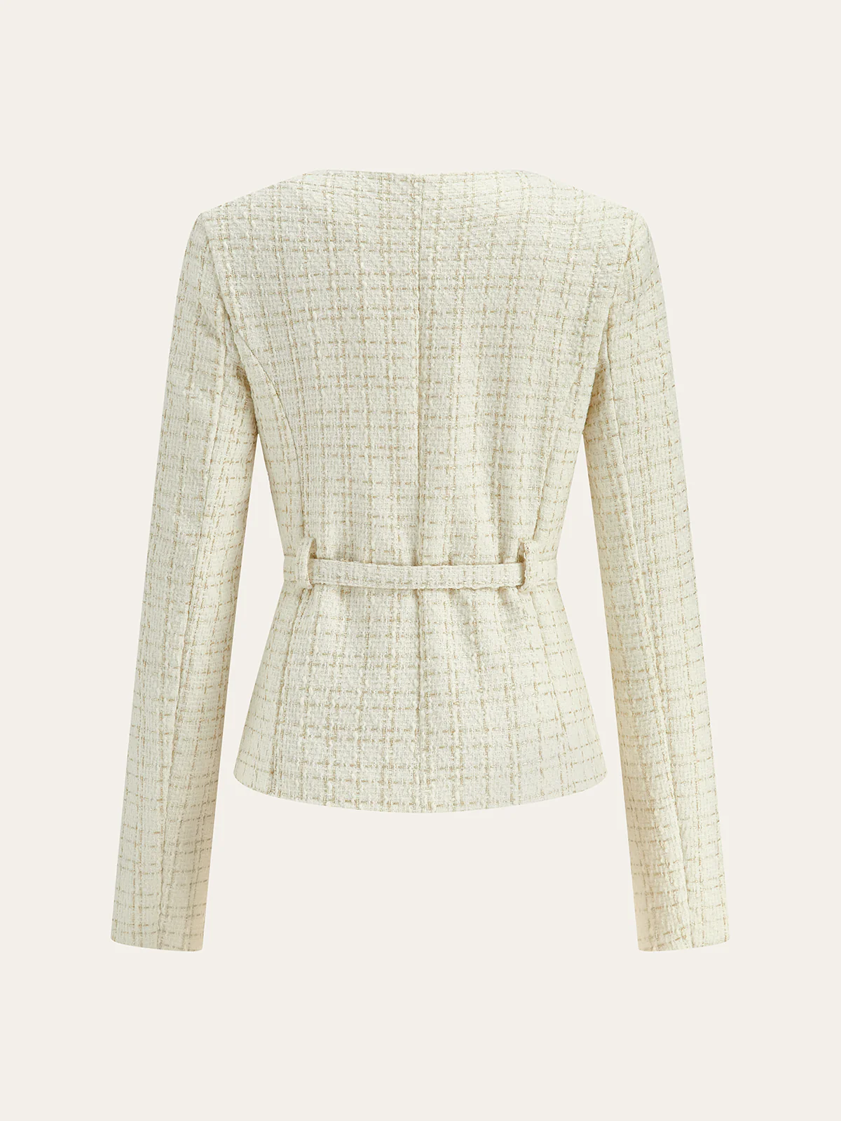 Metal Button Tweed Belted Blazer - Wholesalesil