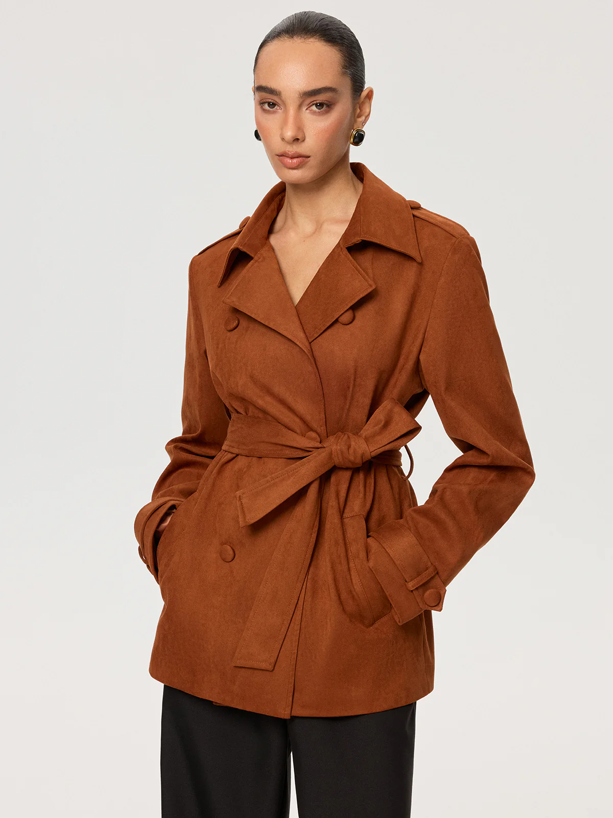 Suede Effect Belted Trench Coat - Wholesalesil