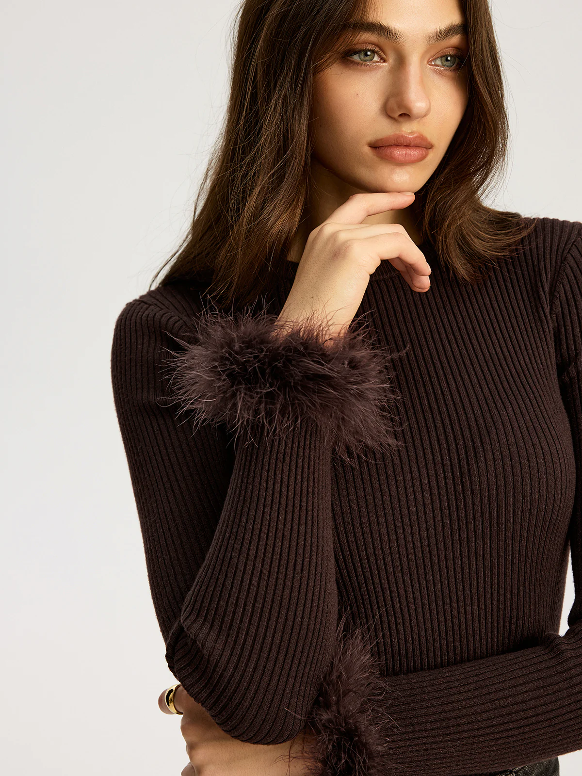 Faux Fur Cuff Ribbed Knit Top - Wholesalesil