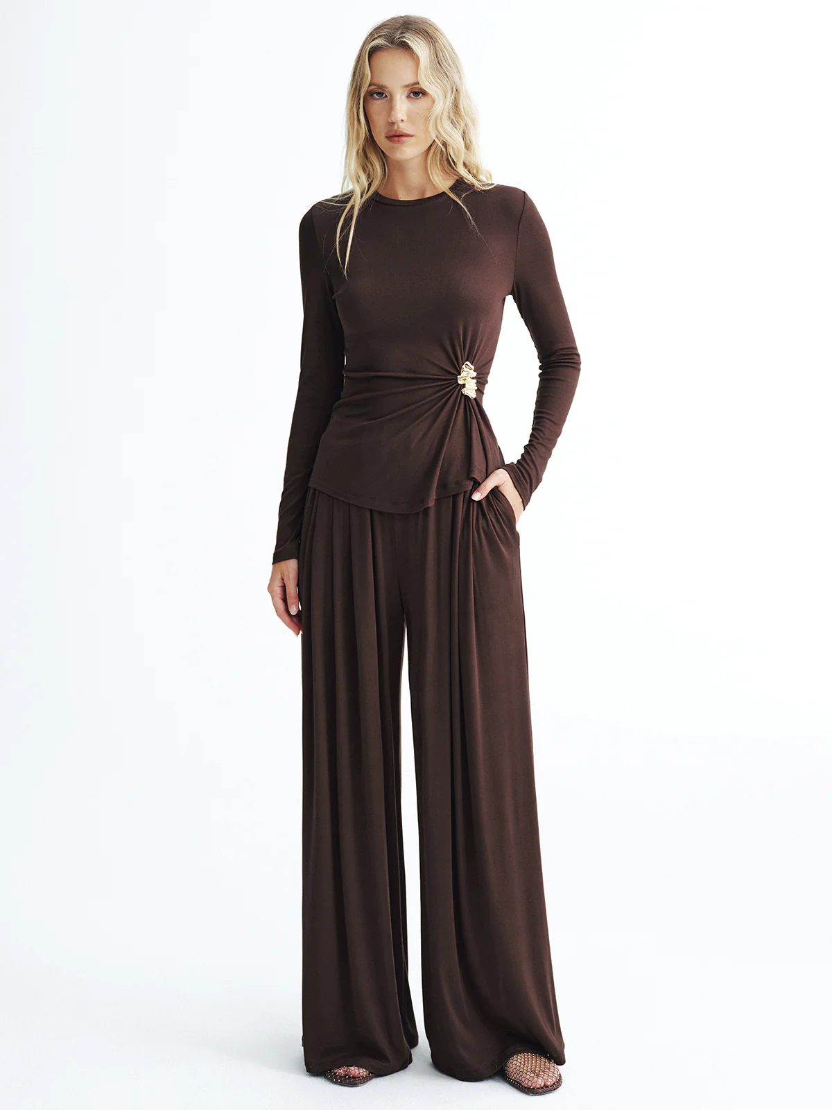 Metal Detail Top and Wide-Leg Pants Set - Wholesalesil