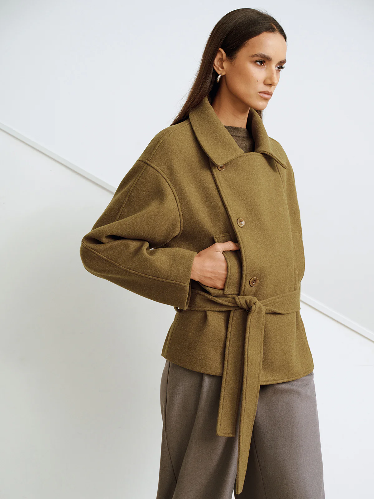 Belted Faux Cashmere Collared Coat - Wholesalesil
