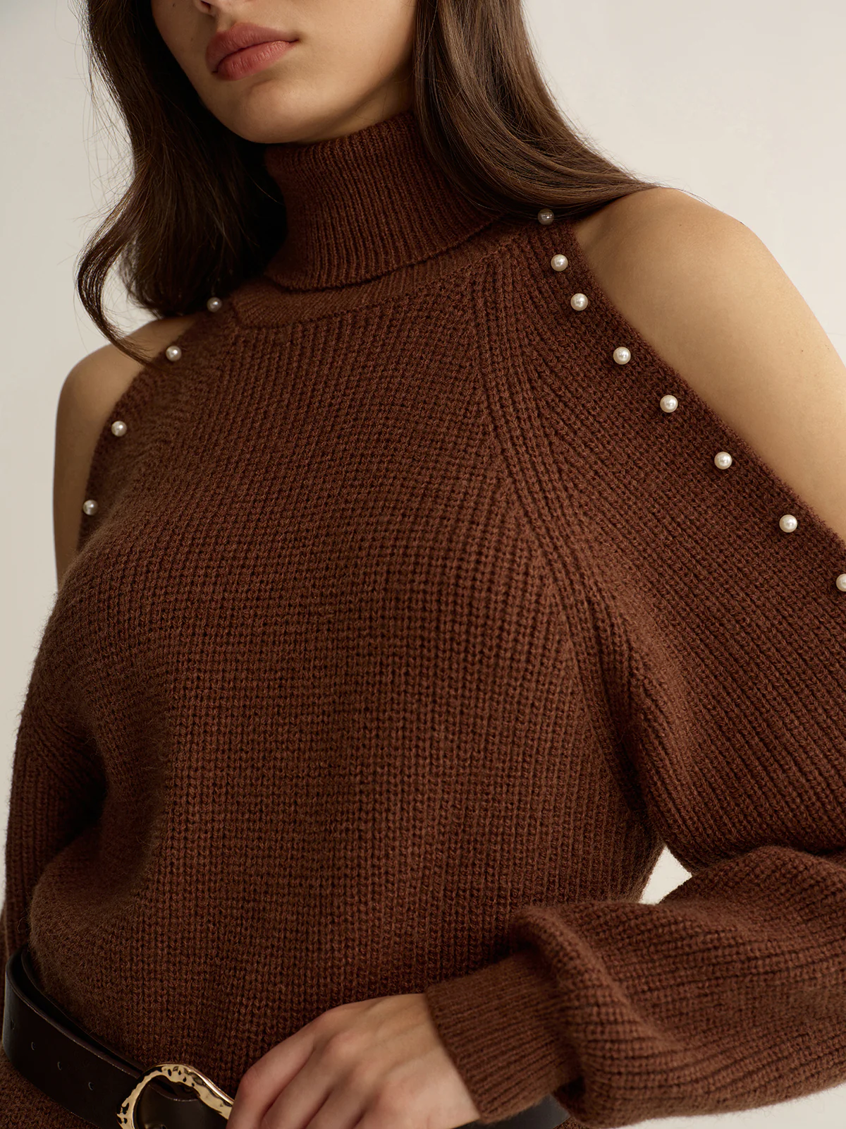 Belted Cold-Shoulder Turtleneck Knit Dress - Wholesalesil