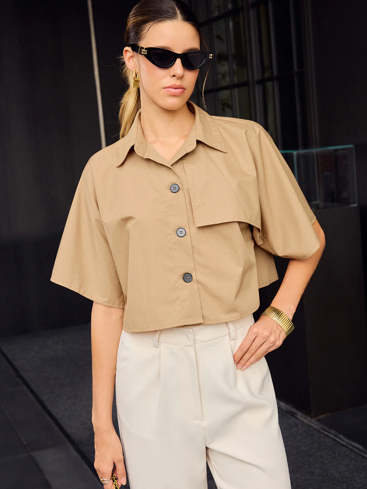 Asymmetric Cropped Shirt with Button Front - Wholesalesil