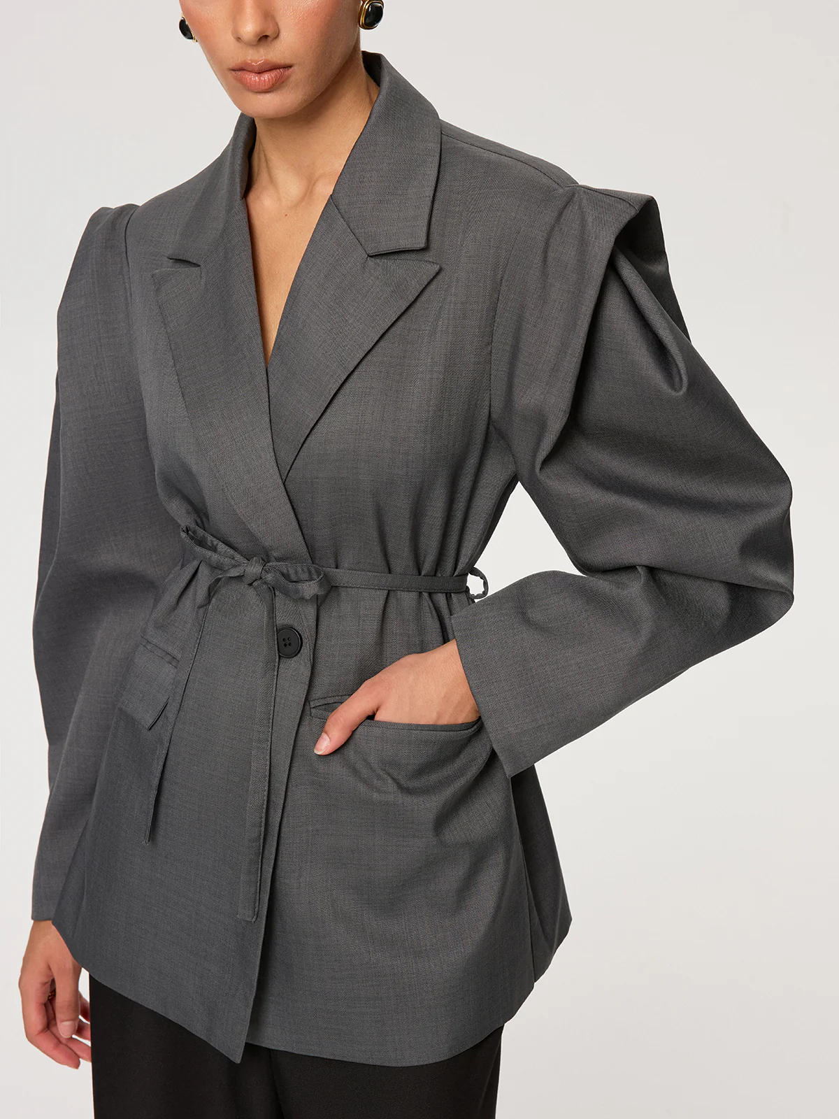 Puff Sleeve Blazer with Tie Belt - Wholesalesil