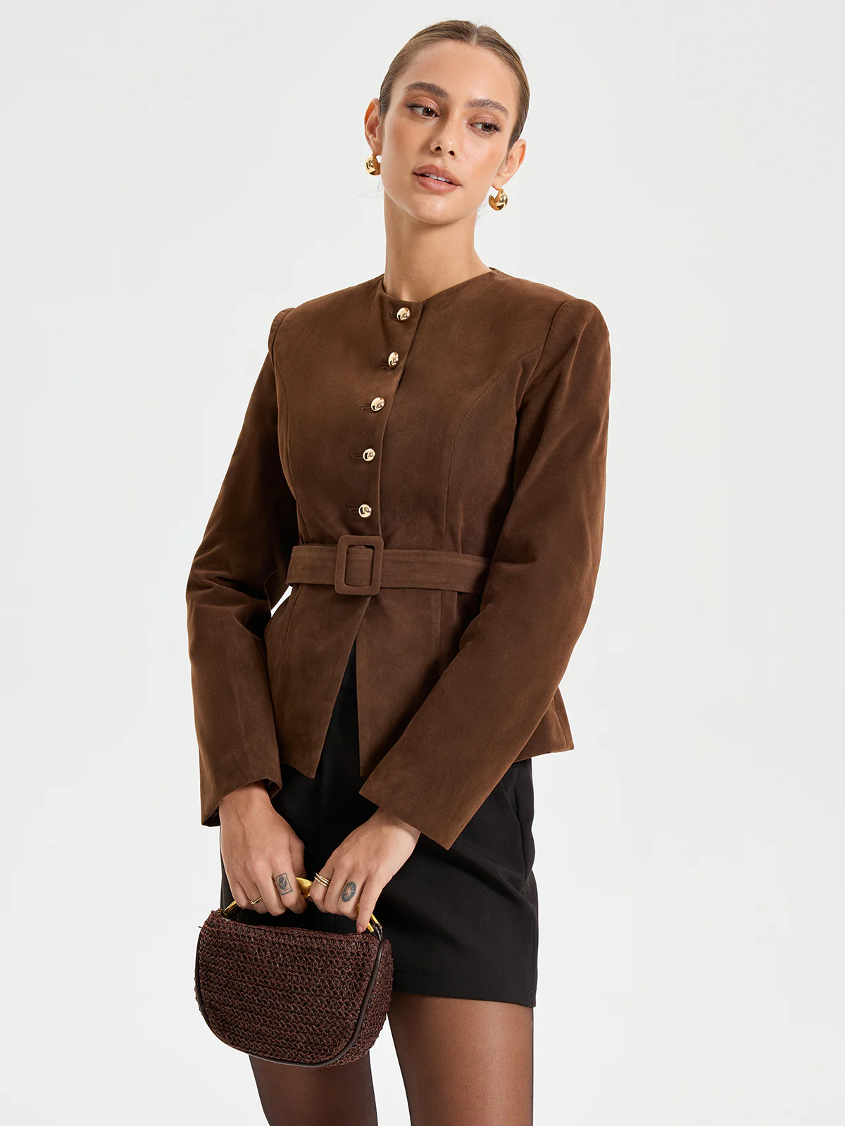 Belted Suede Effect Metal Button Blazer - Wholesalesil