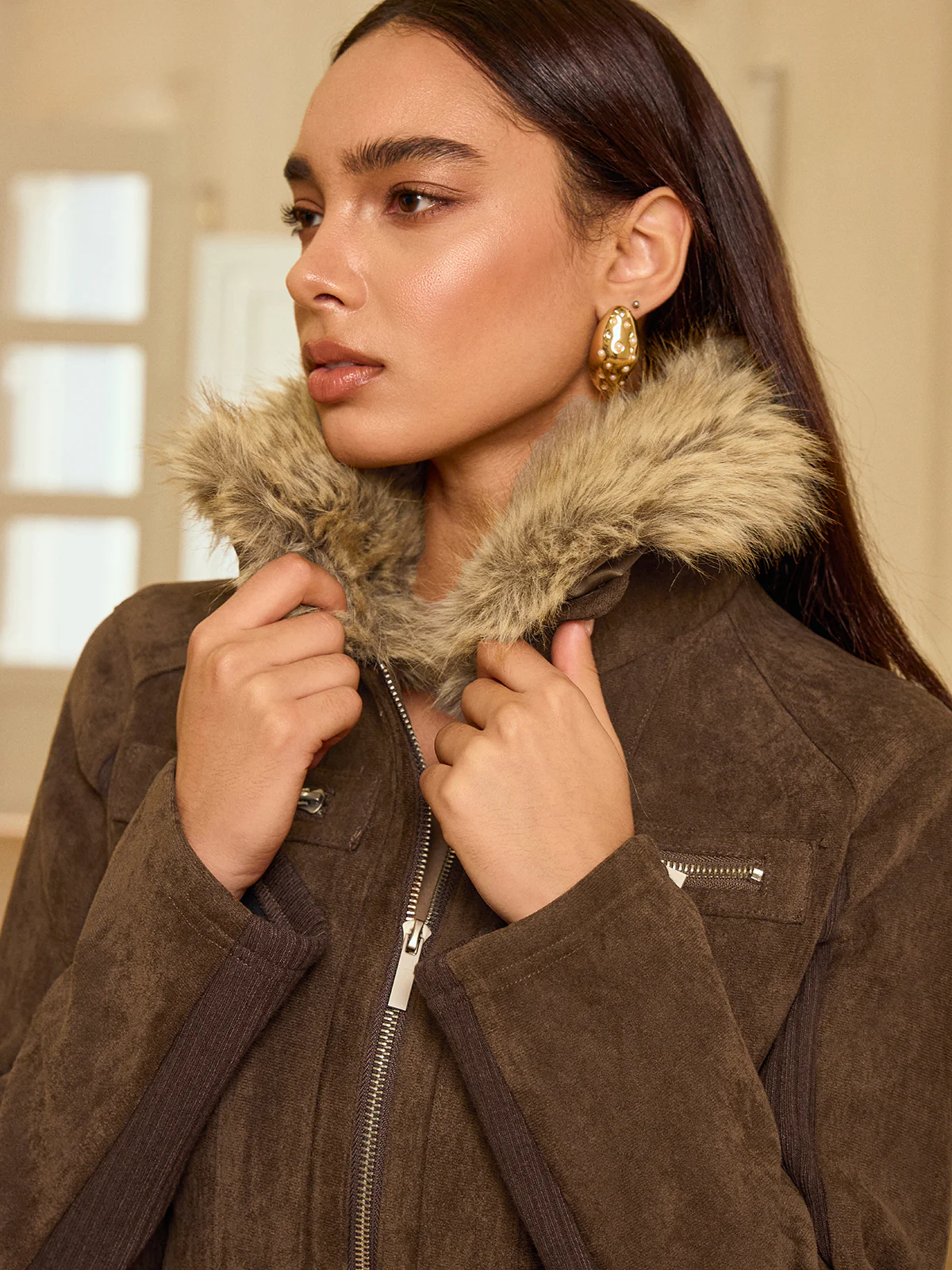 Faux Fur Collar Knit Panel Suede Effect Jacket - Wholesalesil