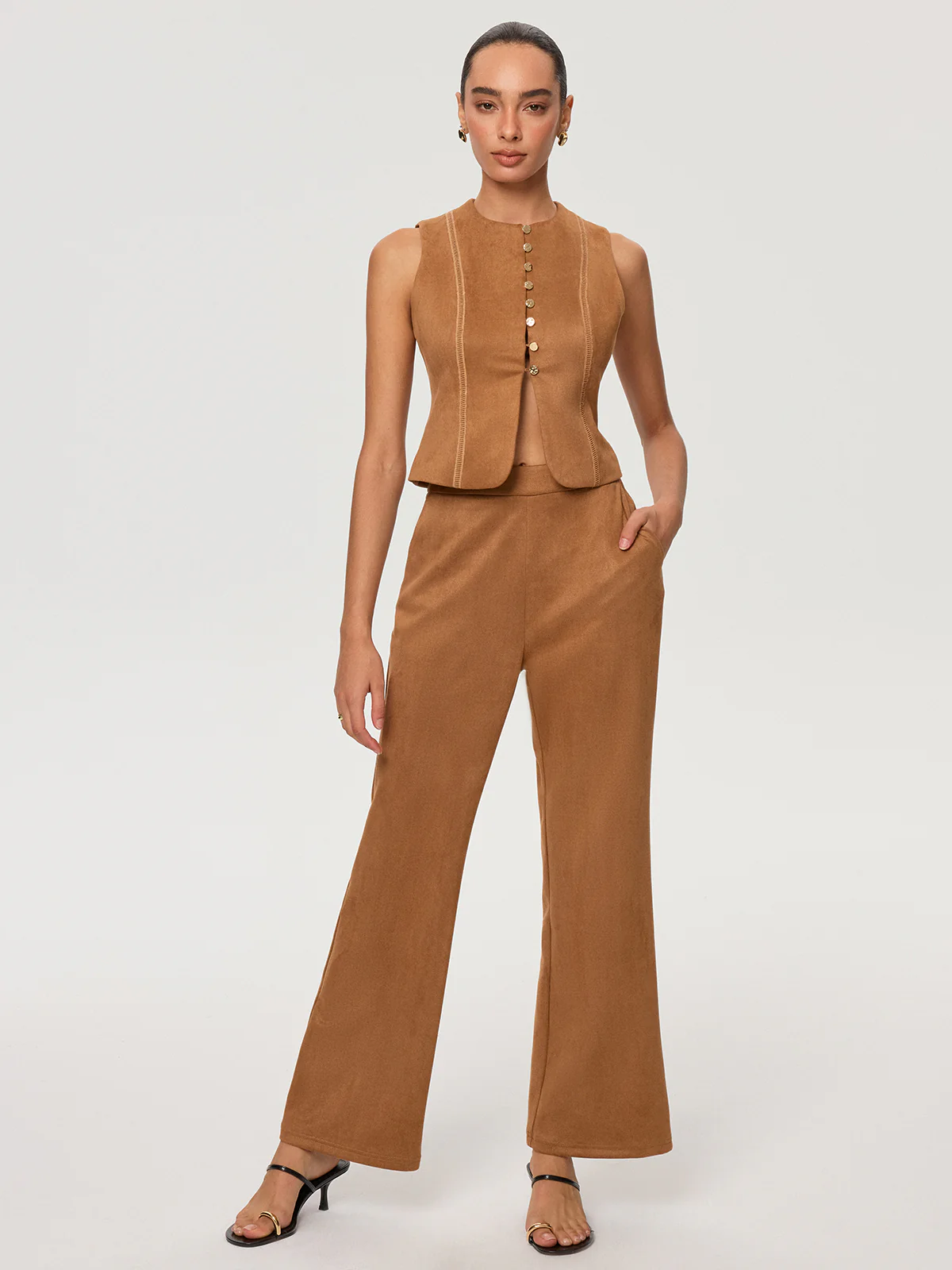 Suede Effect Sleeveless Top and Flared Pants Set - Wholesalesil