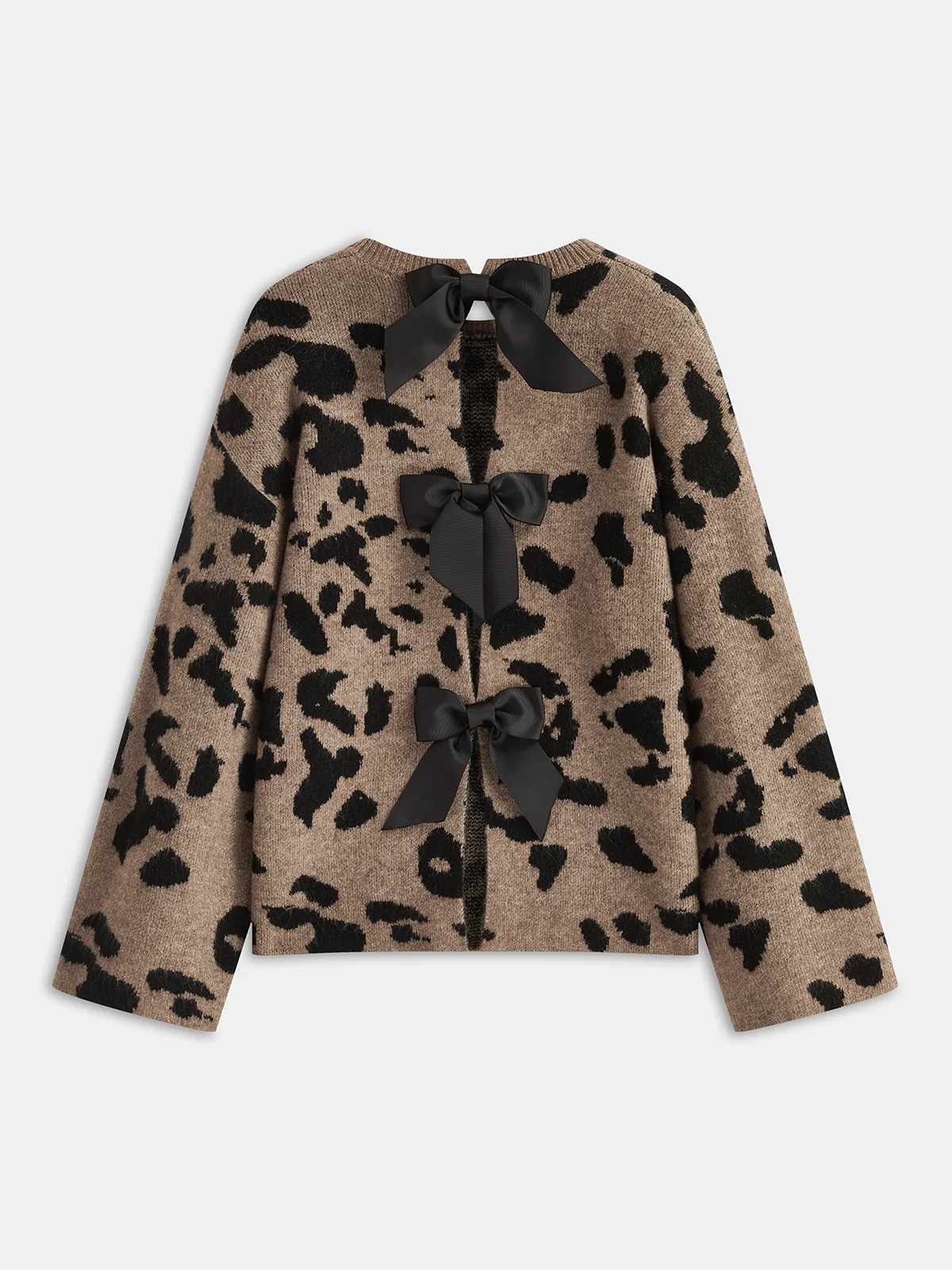 Bow Detail Leopard Print Knit Sweater - Wholesalesil