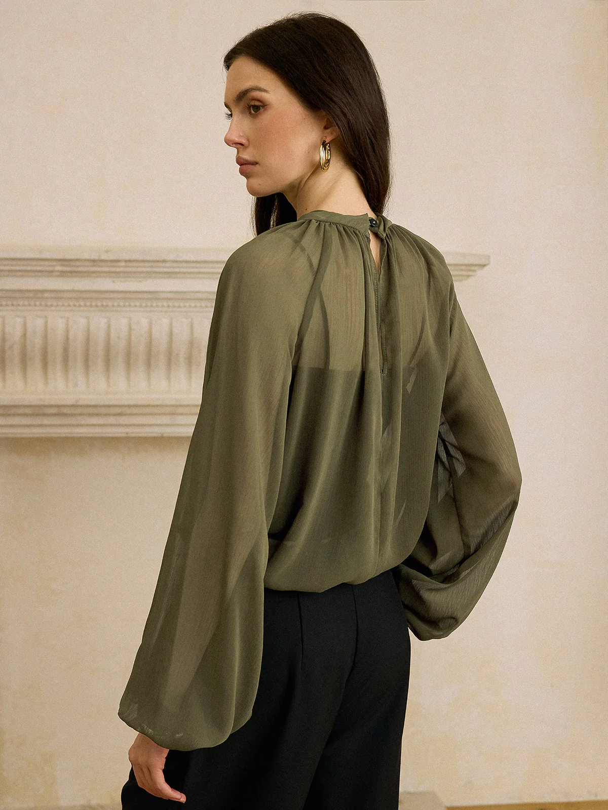 Semi-Sheer Chiffon Lace Trim Blouse - Wholesalesil