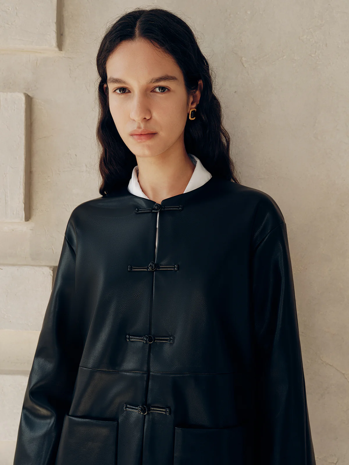 Knot Button Faux Leather Jacket - Wholesalesil