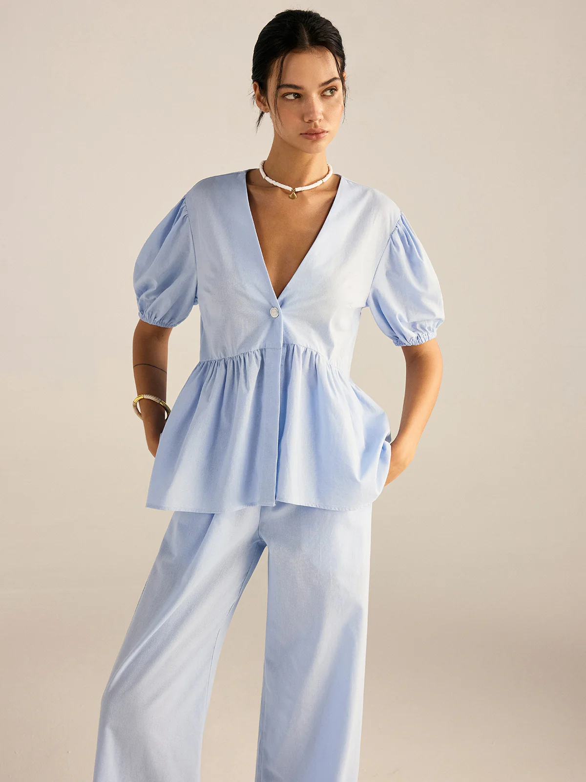 Cotton Peplum Top and Pants Set - Wholesalesil