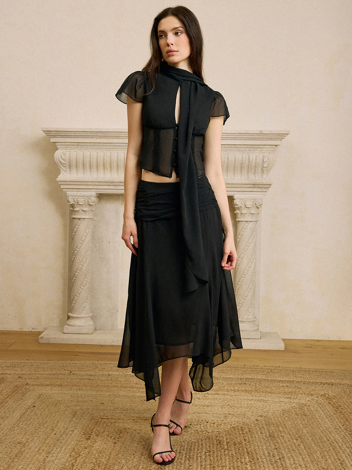 Scarf Neckline Chiffon Skirt Set - Wholesalesil