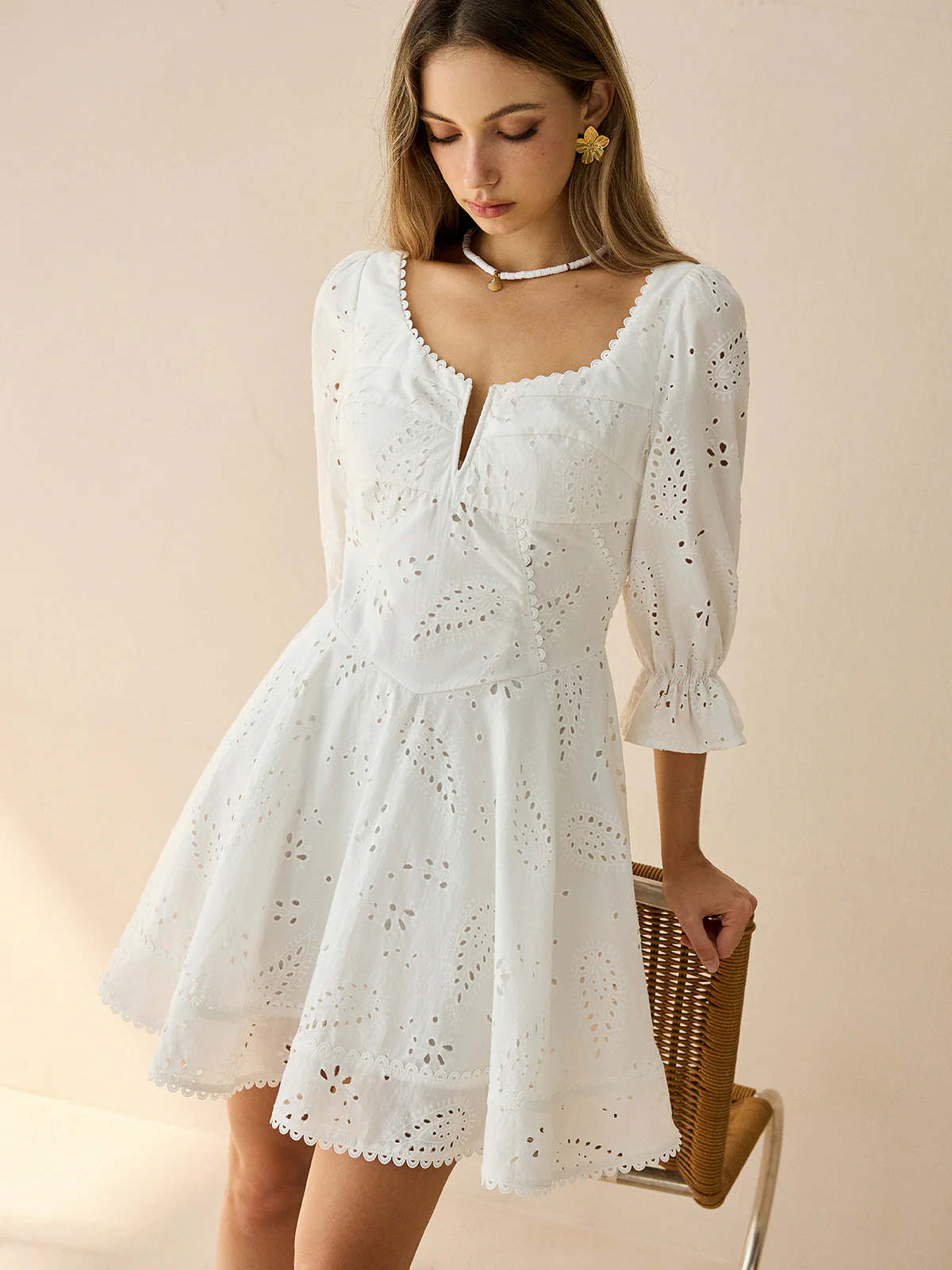 Cotton Scalloped Edge Eyelet Mini Dress - Wholesalesil