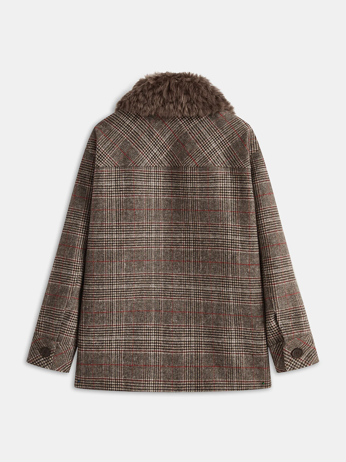 Faux Fur Collar Plaid Coat - Wholesalesil