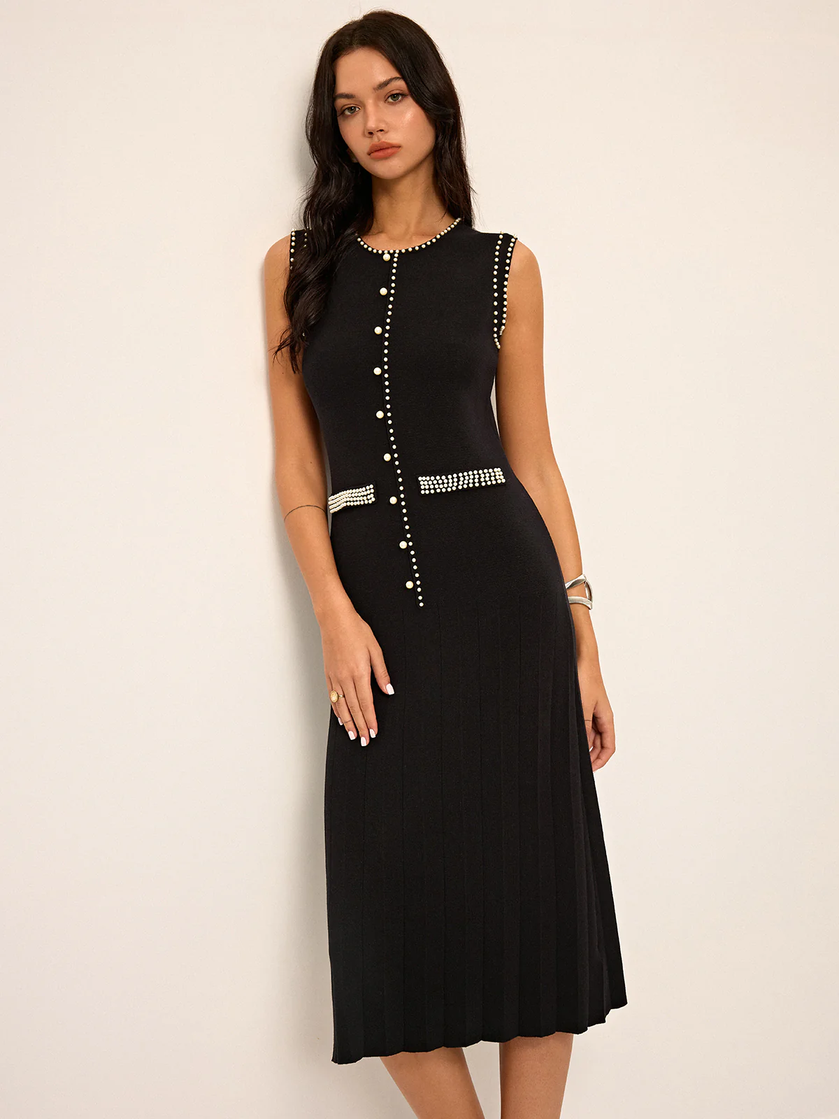 Pearl  Detail Sleeveless Knit Midi Dres - Wholesalesil