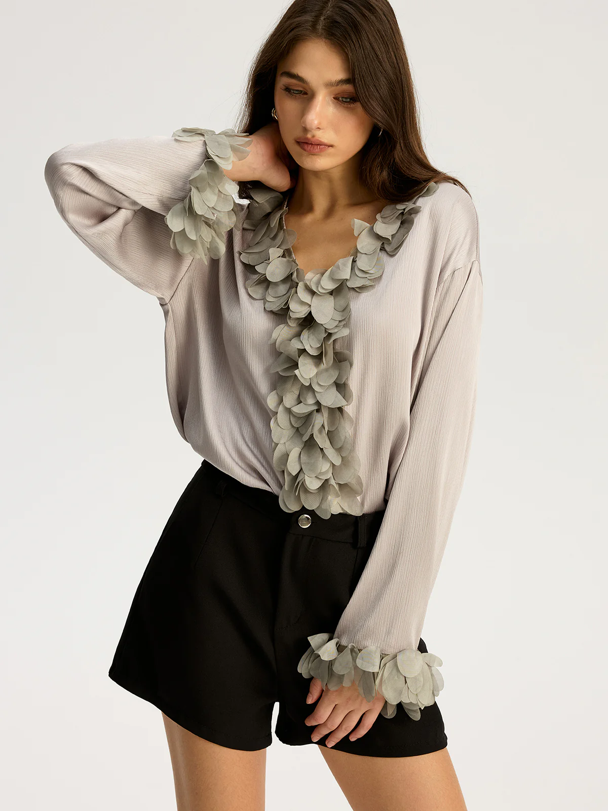 Floral Petal Trim V-Neck Shirt - Wholesalesil